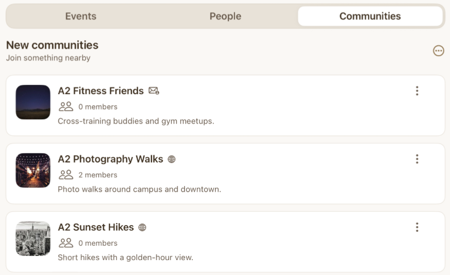 Acorn Social communities view