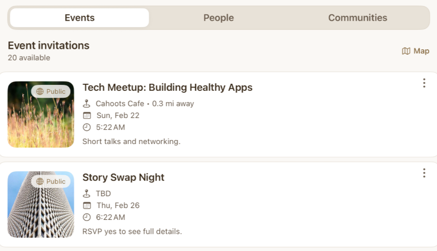 Acorn Social events view